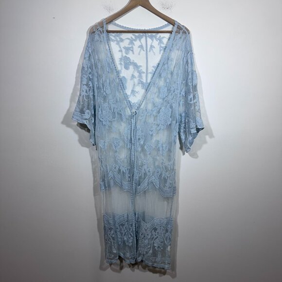 Sweaters - Womens Pastel Blue Lace Long Line Cardigan One Size Fairycore Boho Romantic